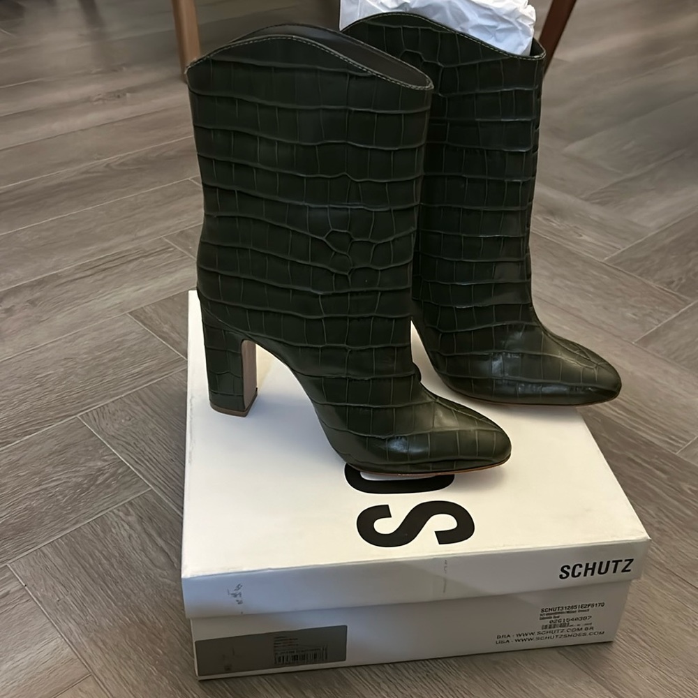 SCHUTZ Dark Green Croc-Embossed Boots